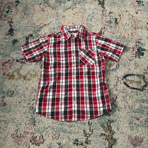 Red Gray And White dress polo with one front left pocket